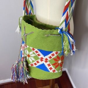 Wayuu Tribe Lime Green Crossbody with Blue, Red & White Geometric Motif
